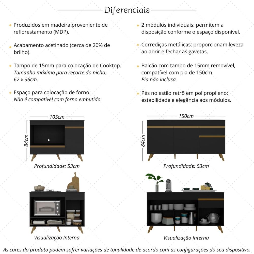 Kit Balcão Cozinha para Cooktop/Forno 105cm e Gabinete Pia 150cm Retrô Veneza Multimóveis MP2288 Preto/Dourado