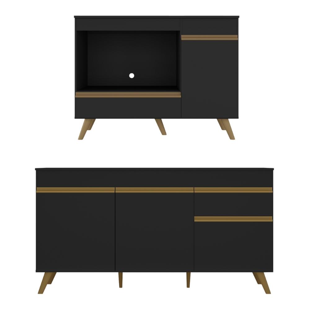 Kit Balcão Cozinha para Cooktop/Forno 105cm e Gabinete Pia 150cm Retrô Veneza Multimóveis MP2288 Preto/Dourado