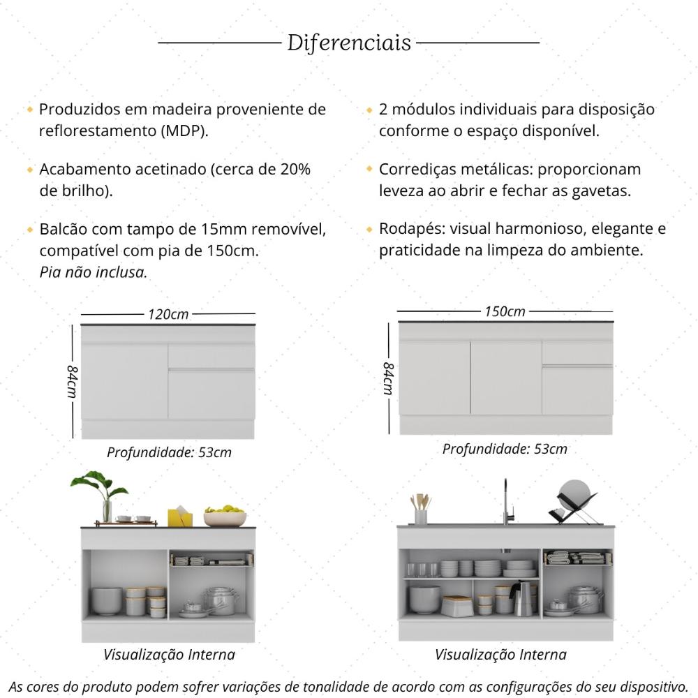 Kit Balcão de Cozinha para Pia 150cm e Balcão 120cm Veneza Multimóveis MP2286 Branco