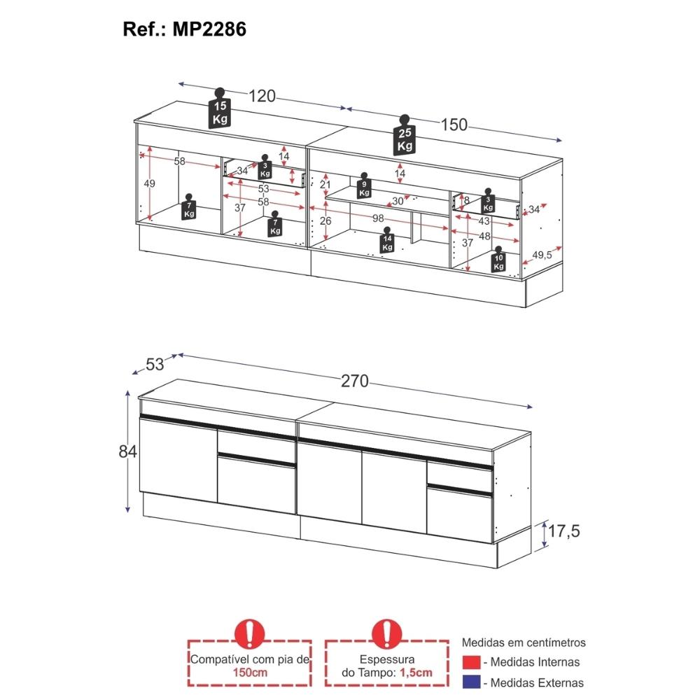 Kit Balcão de Cozinha para Pia 150cm e Balcão 120cm Veneza Multimóveis MP2286 Branco