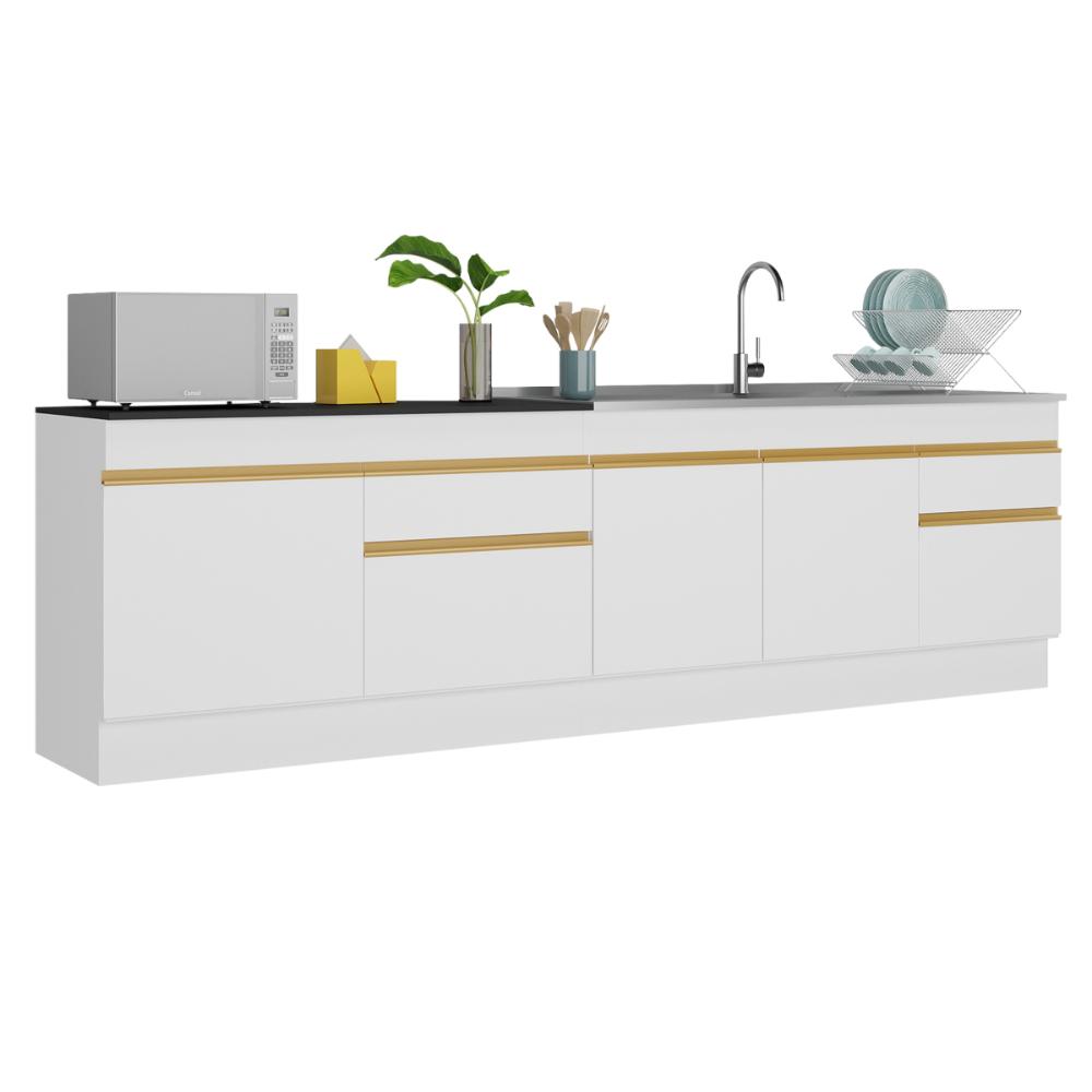 Kit Balcão de Cozinha para Pia 150cm e Balcão 120cm Veneza Multimóveis MP2286 Branco/Dourado