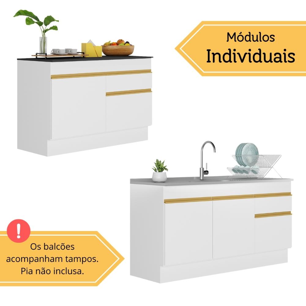 Kit Balcão de Cozinha para Pia 150cm e Balcão 120cm Veneza Multimóveis MP2286 Branco/Dourado