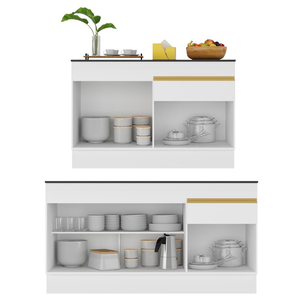 Kit Balcão de Cozinha para Pia 150cm e Balcão 120cm Veneza Multimóveis MP2286 Branco/Dourado