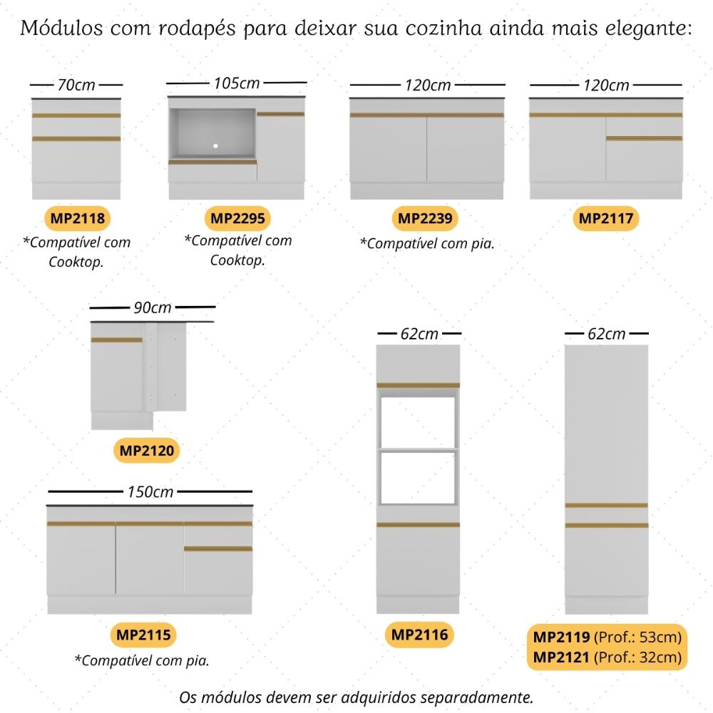 Kit Balcão de Cozinha para Pia 150cm e Balcão 120cm Veneza Multimóveis MP2286 Branco/Dourado