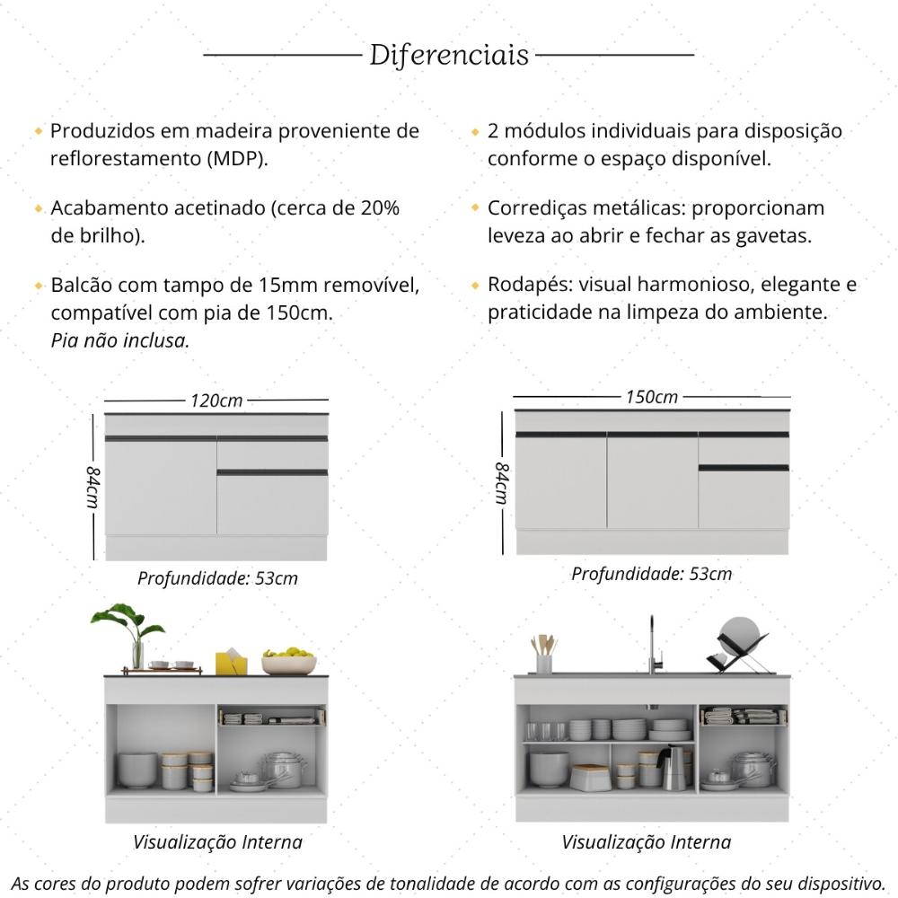 Kit Balcão de Cozinha para Pia 150cm e Balcão 120cm Veneza Multimóveis MP2286 Branco/Preto