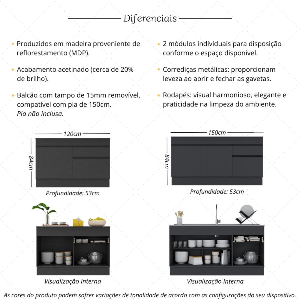 Kit Balcão de Cozinha para Pia 150cm e Balcão 120cm Veneza Multimóveis MP2286 Preto