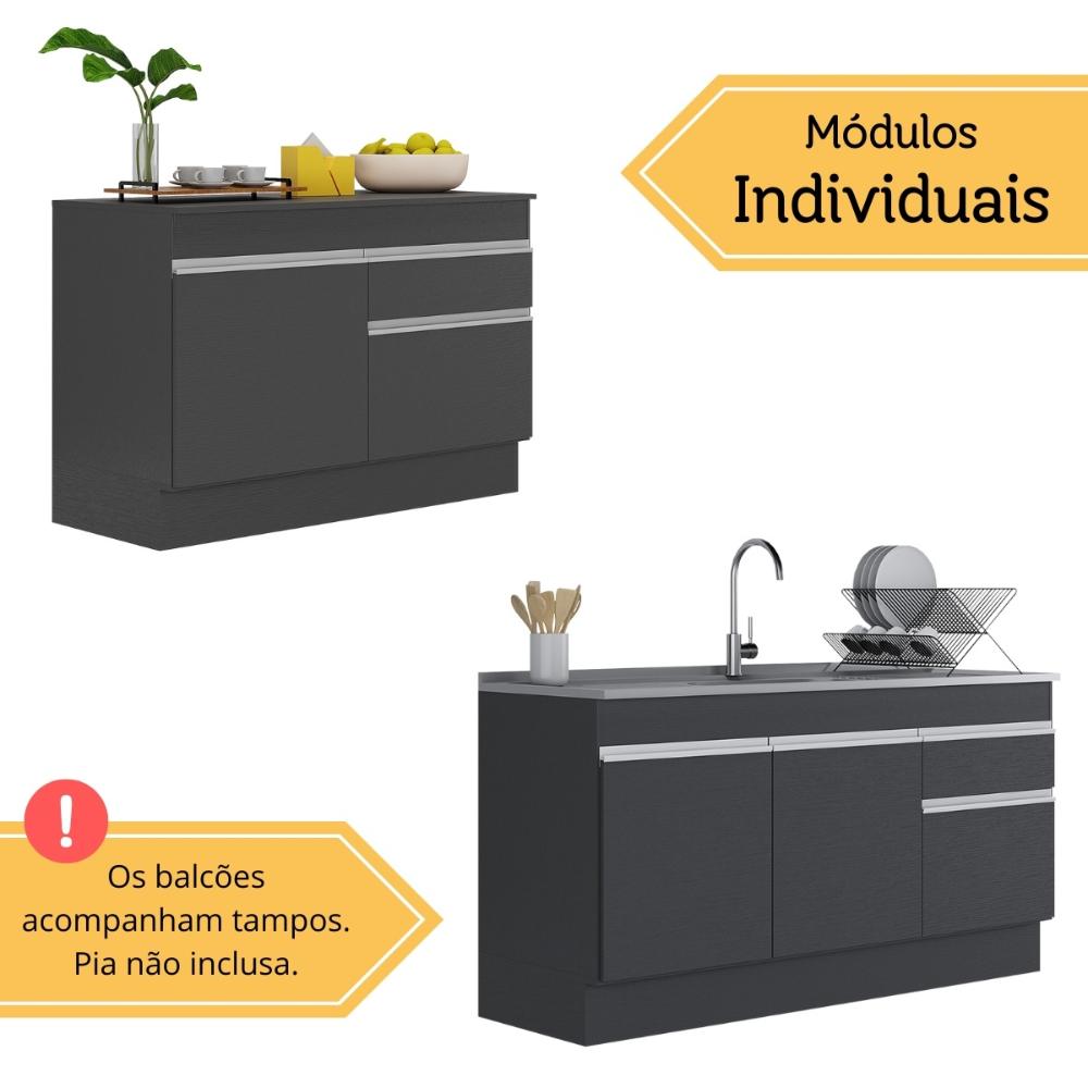 Kit Balcão de Cozinha para Pia 150cm e Balcão 120cm Veneza Multimóveis MP2286 Preto/Branco