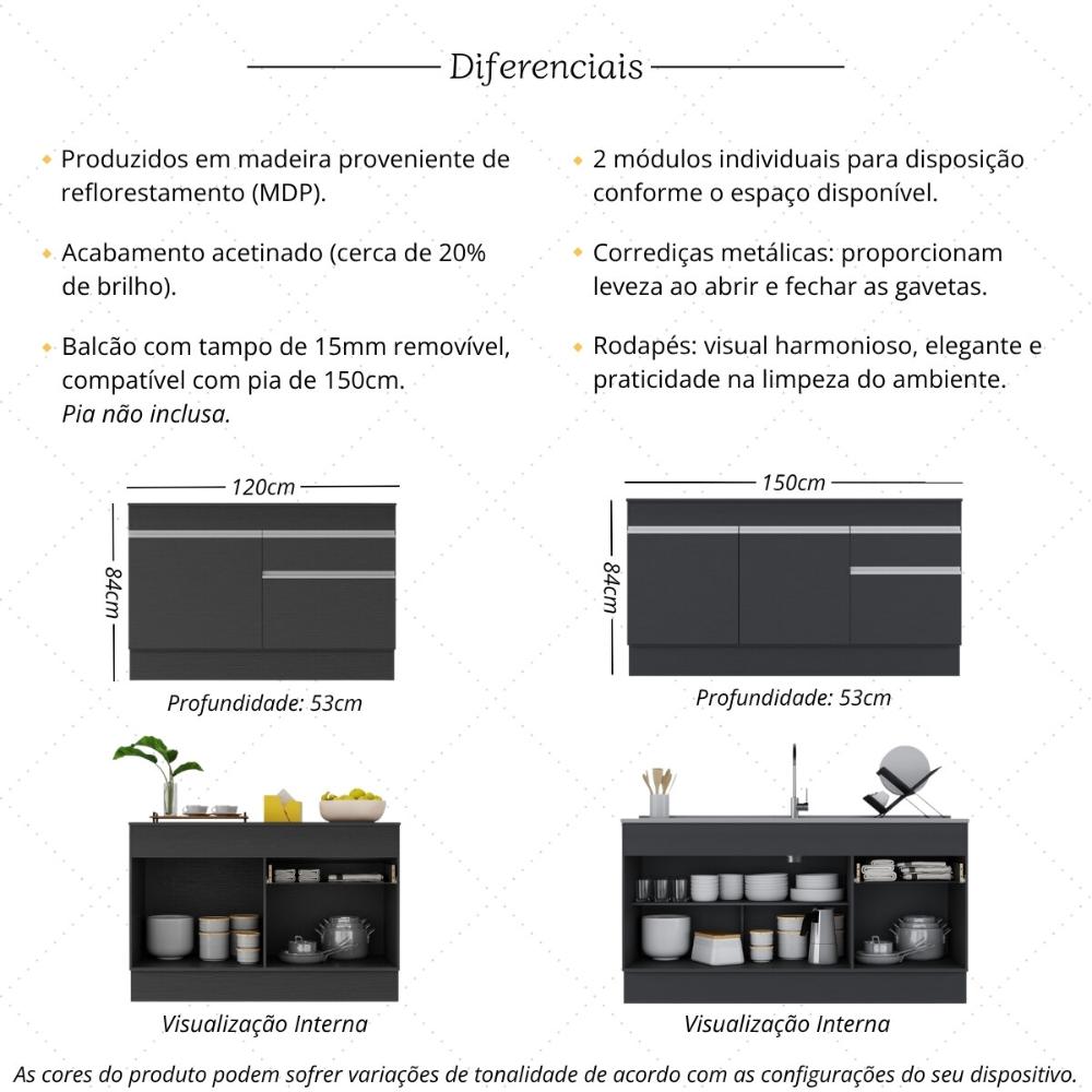 Kit Balcão de Cozinha para Pia 150cm e Balcão 120cm Veneza Multimóveis MP2286 Preto/Branco