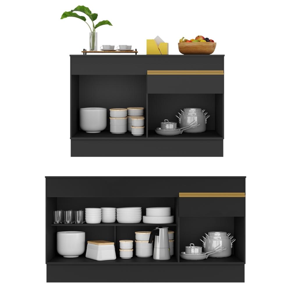 Kit Balcão de Cozinha para Pia 150cm e Balcão 120cm Veneza Multimóveis MP2286 Preto/Dourado