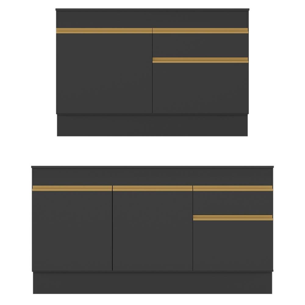 Kit Balcão de Cozinha para Pia 150cm e Balcão 120cm Veneza Multimóveis MP2286 Preto/Dourado