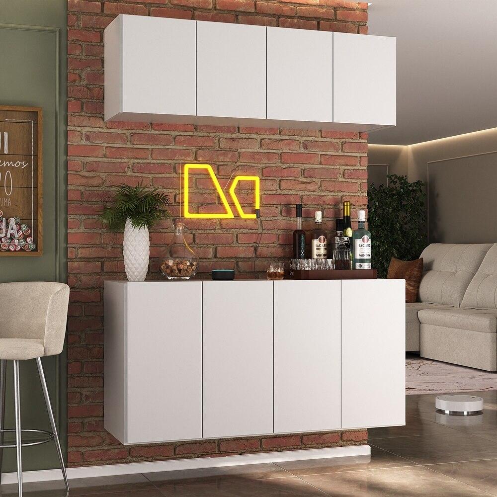 Kit Bar Armário Aéreo e Aparador 4 Portas Multimóveis MP1075 Branco