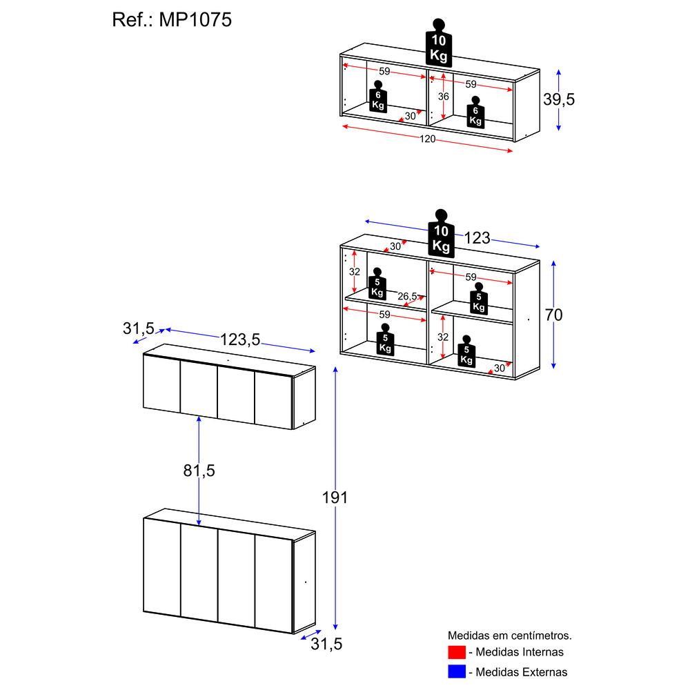 Kit Bar Armário Aéreo e Aparador 4 Portas Multimóveis MP1075 Rustic