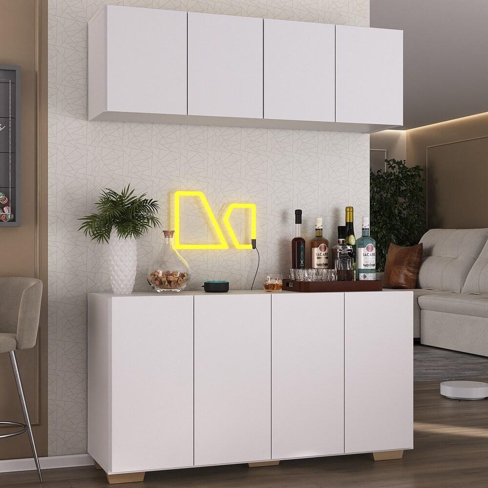 Kit Bar Armário Aéreo e Aparador 4 Portas Multimóveis MP1087 Branco/Natural
