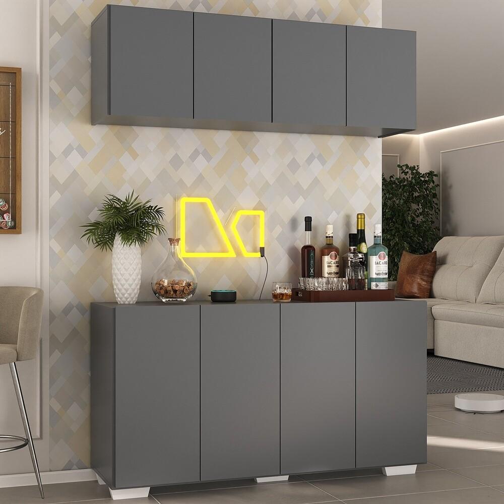 Kit Bar Armário Aéreo e Aparador 4 Portas Multimóveis MP1087 Grafite/Branco
