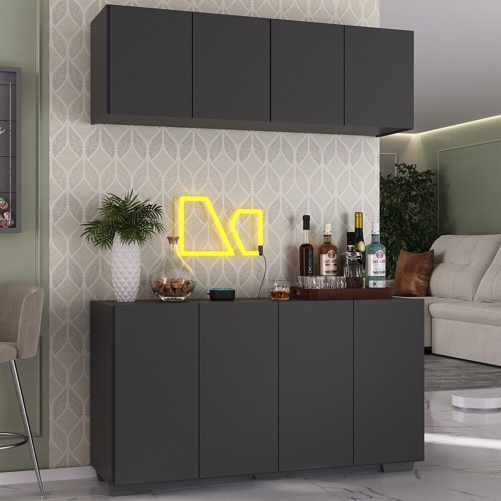 Kit Bar Armário Aéreo e Aparador 4 Portas Multimóveis MP1087 Preto