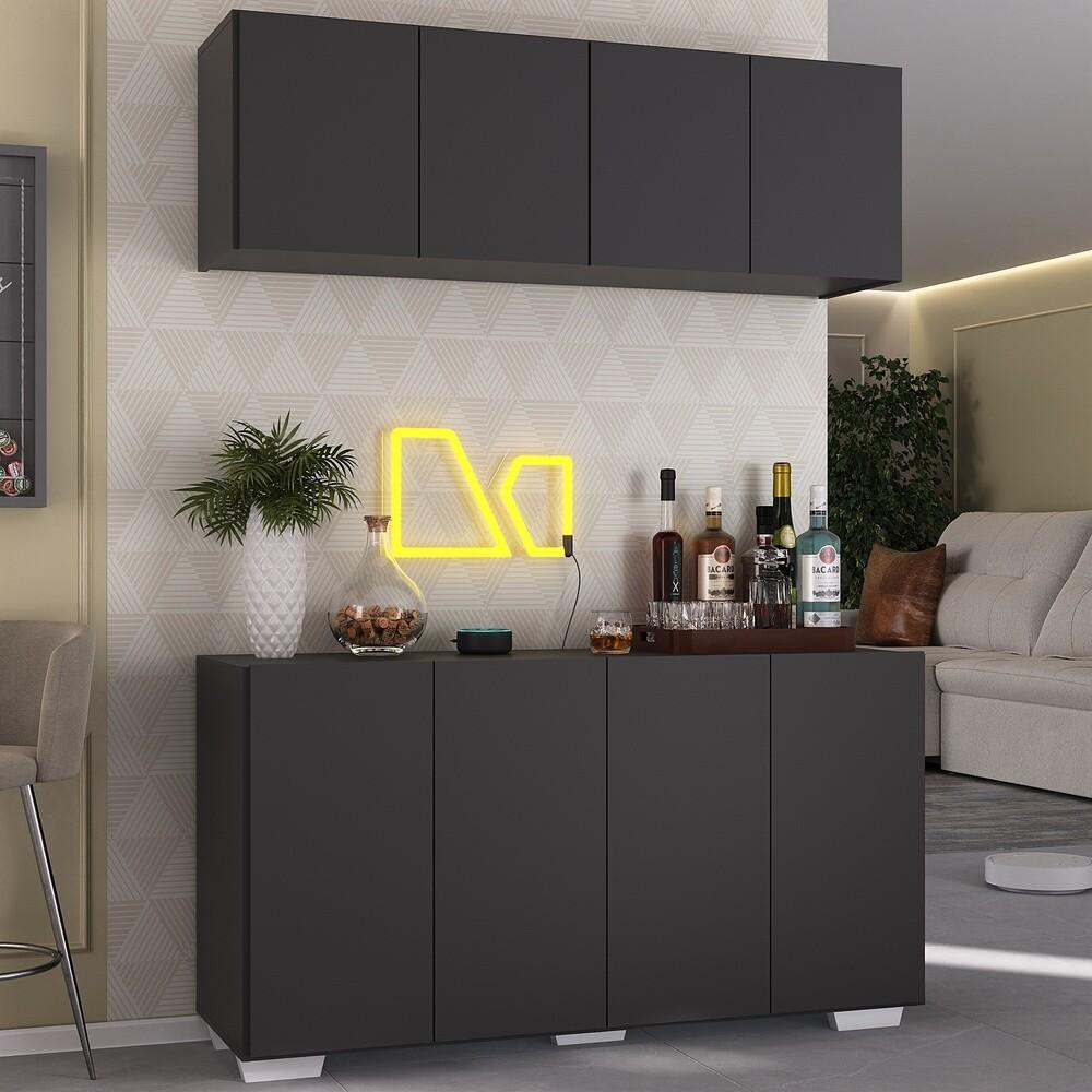 Kit Bar Armário Aéreo e Aparador 4 Portas Multimóveis MP1087 Preto/Branco