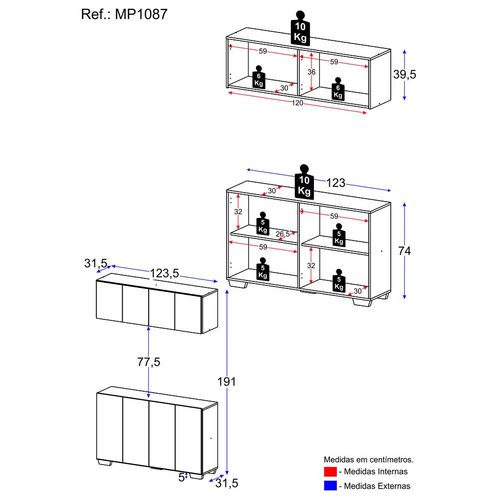 Kit Bar Armário Aéreo e Aparador 4 Portas Multimóveis MP1087 Preto/Branco