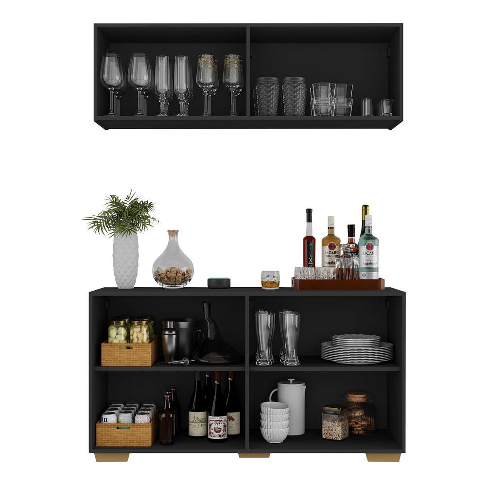 Kit Bar Armário Aéreo e Aparador 4 Portas Multimóveis MP1087 Preto/Natural