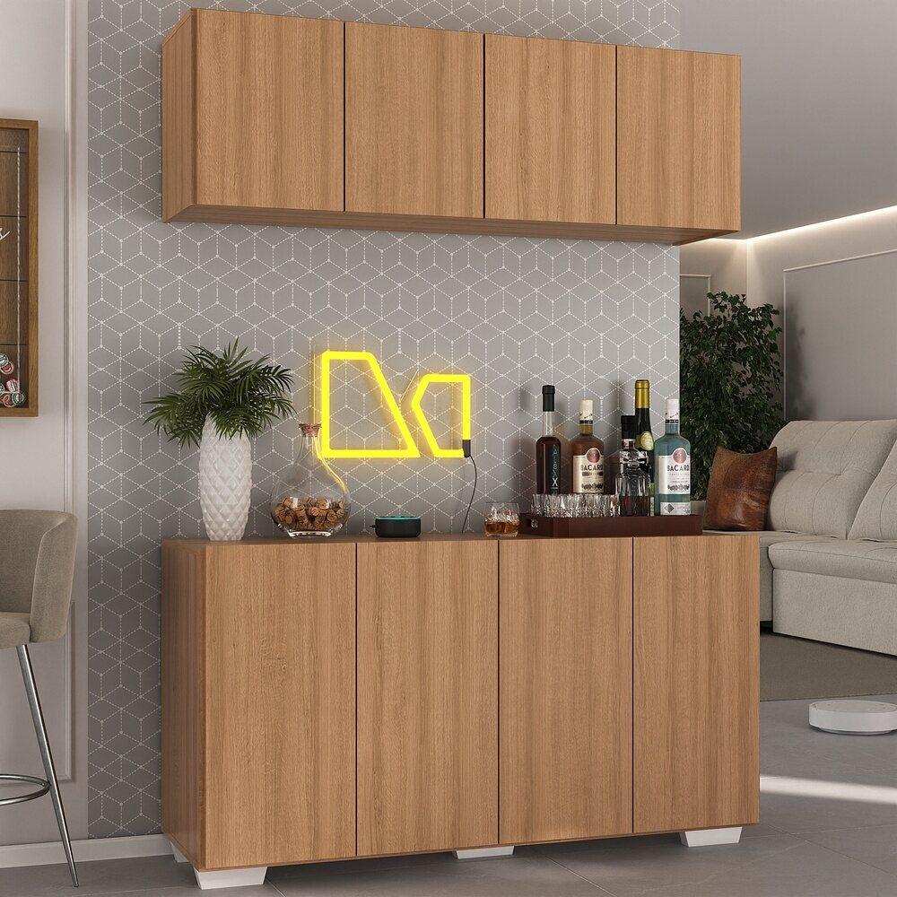 Kit Bar Armário Aéreo e Aparador 4 Portas Multimóveis MP1087 Rustic/Branco