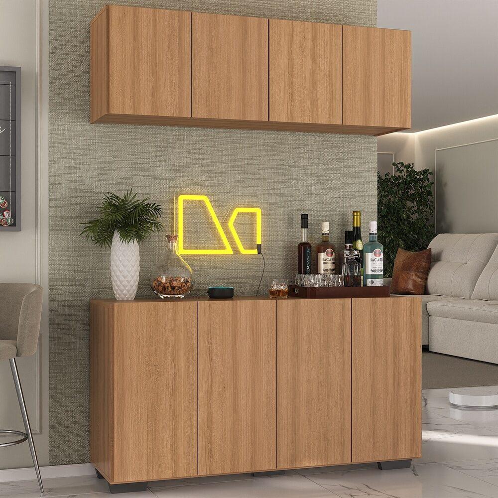 Kit Bar Armário Aéreo e Aparador 4 Portas Multimóveis MP1087 Rustic/Preto