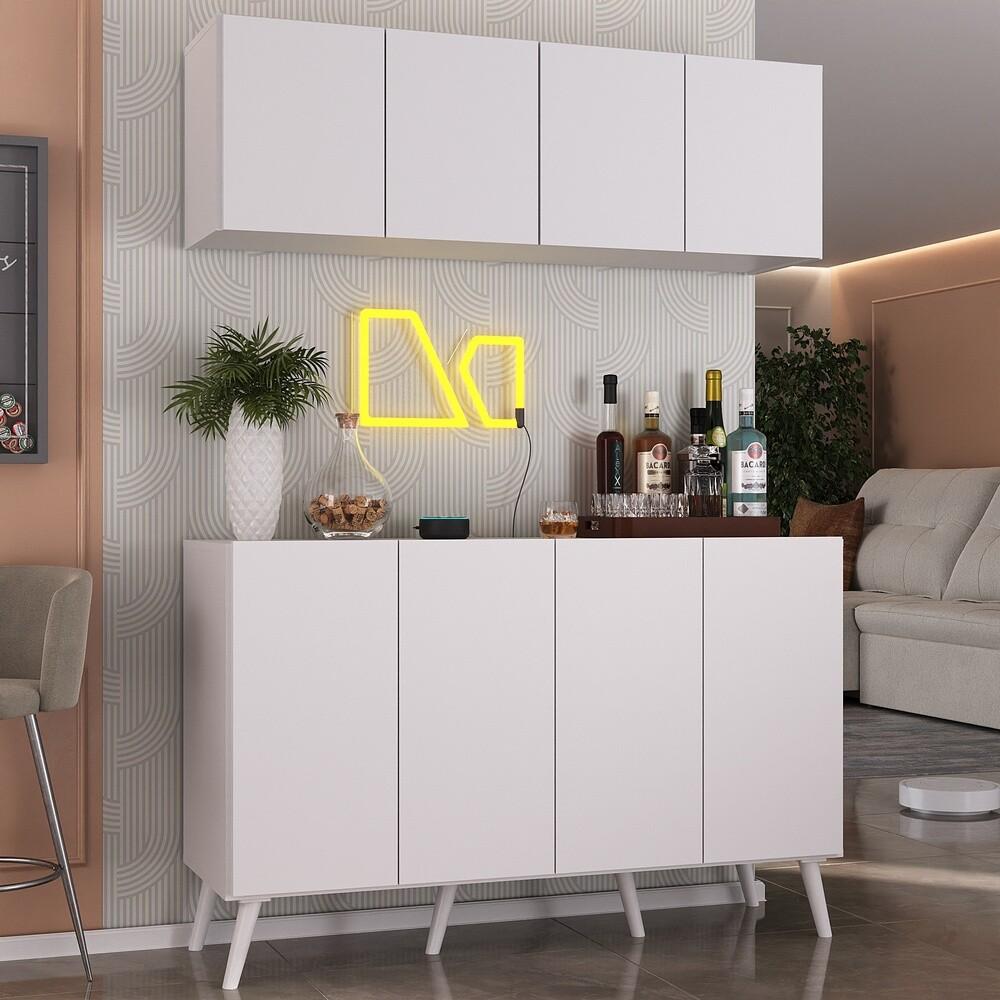 Kit Bar Armário Aéreo e Aparador 4 Portas Retrô Multimóveis MP1086 Branco