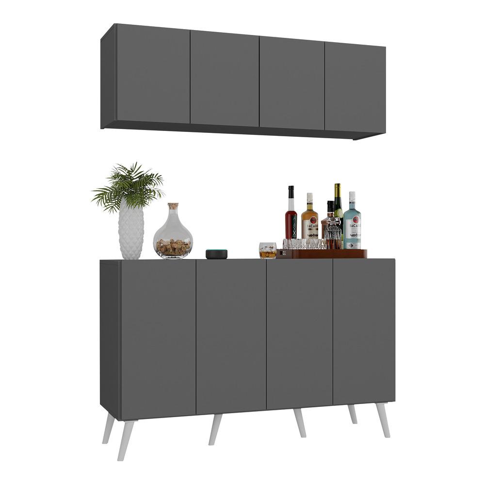 Kit Bar Armário Aéreo e Aparador 4 Portas Retrô Multimóveis MP1086 Grafite/Branco