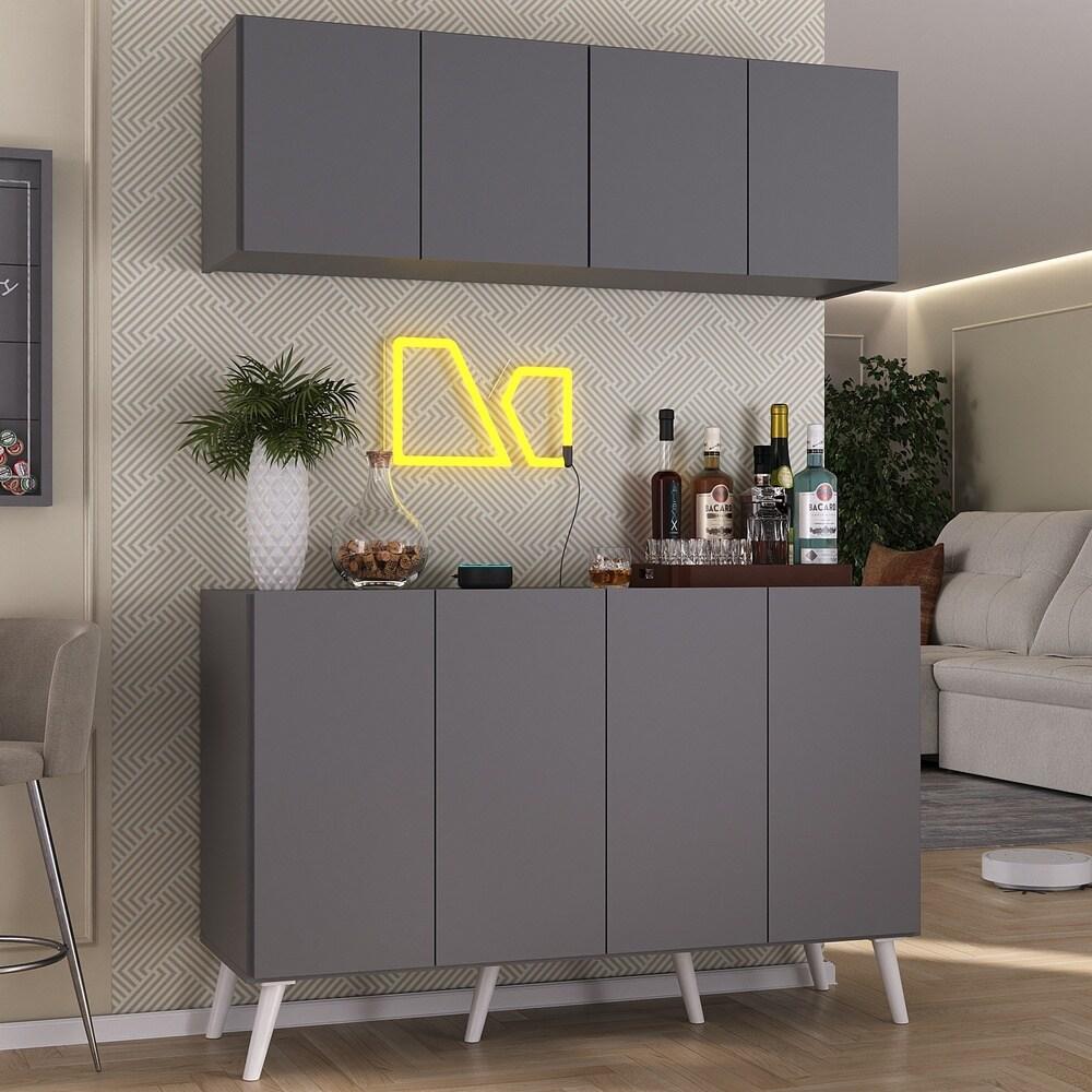 Kit Bar Armário Aéreo e Aparador 4 Portas Retrô Multimóveis MP1086 Grafite/Branco