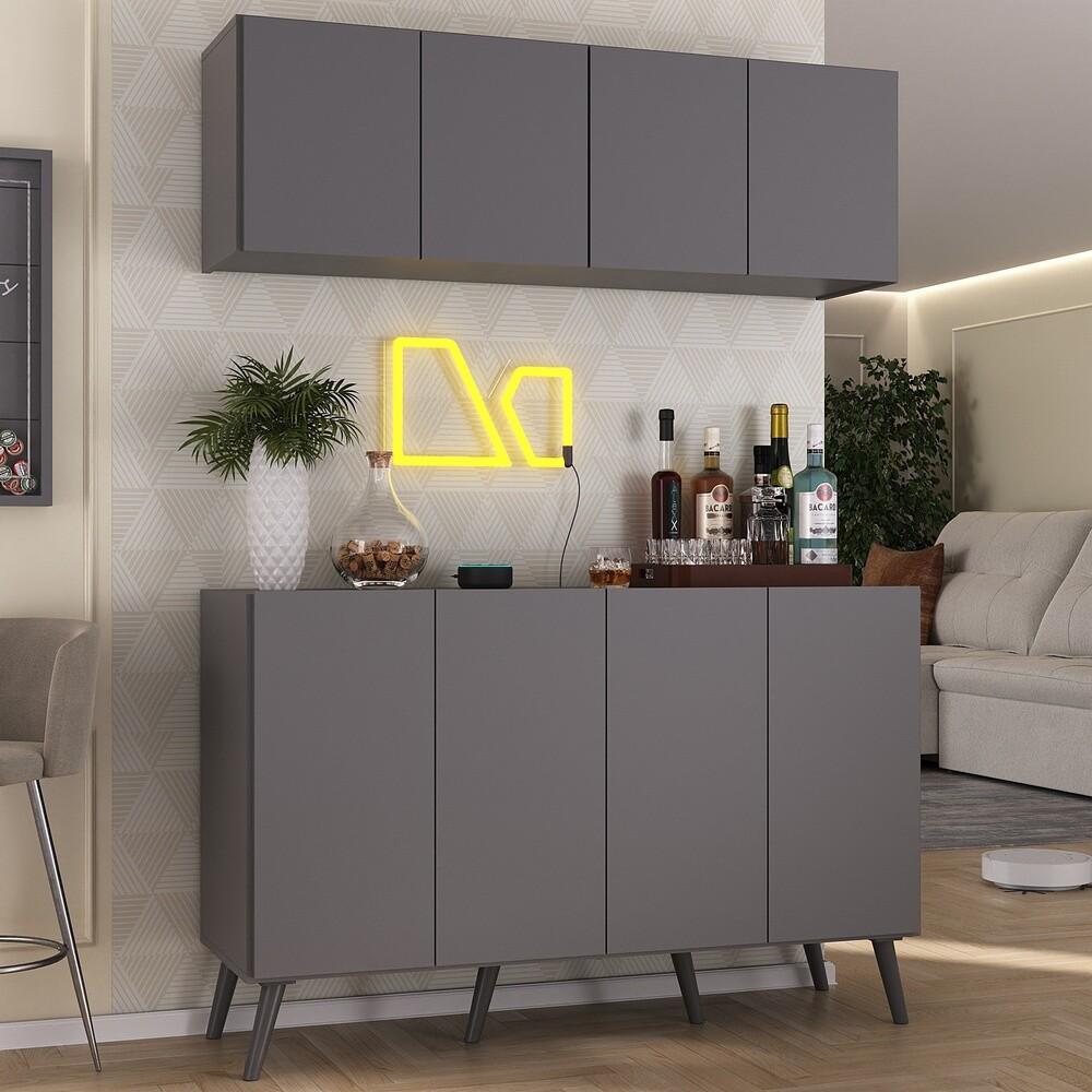 Kit Bar Armário Aéreo e Aparador 4 Portas Retrô Multimóveis MP1086 Grafite/Preto