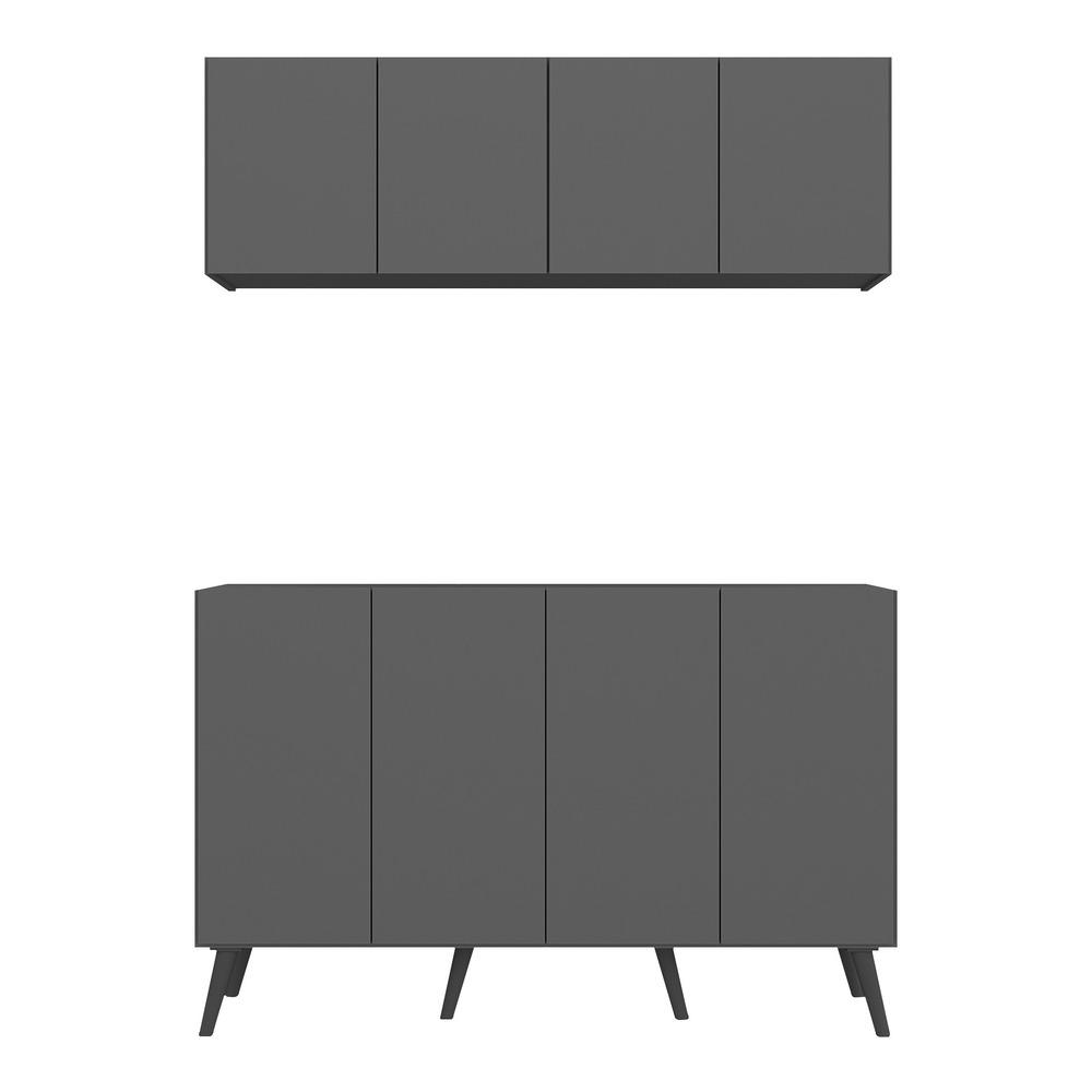 Kit Bar Armário Aéreo e Aparador 4 Portas Retrô Multimóveis MP1086 Grafite/Preto