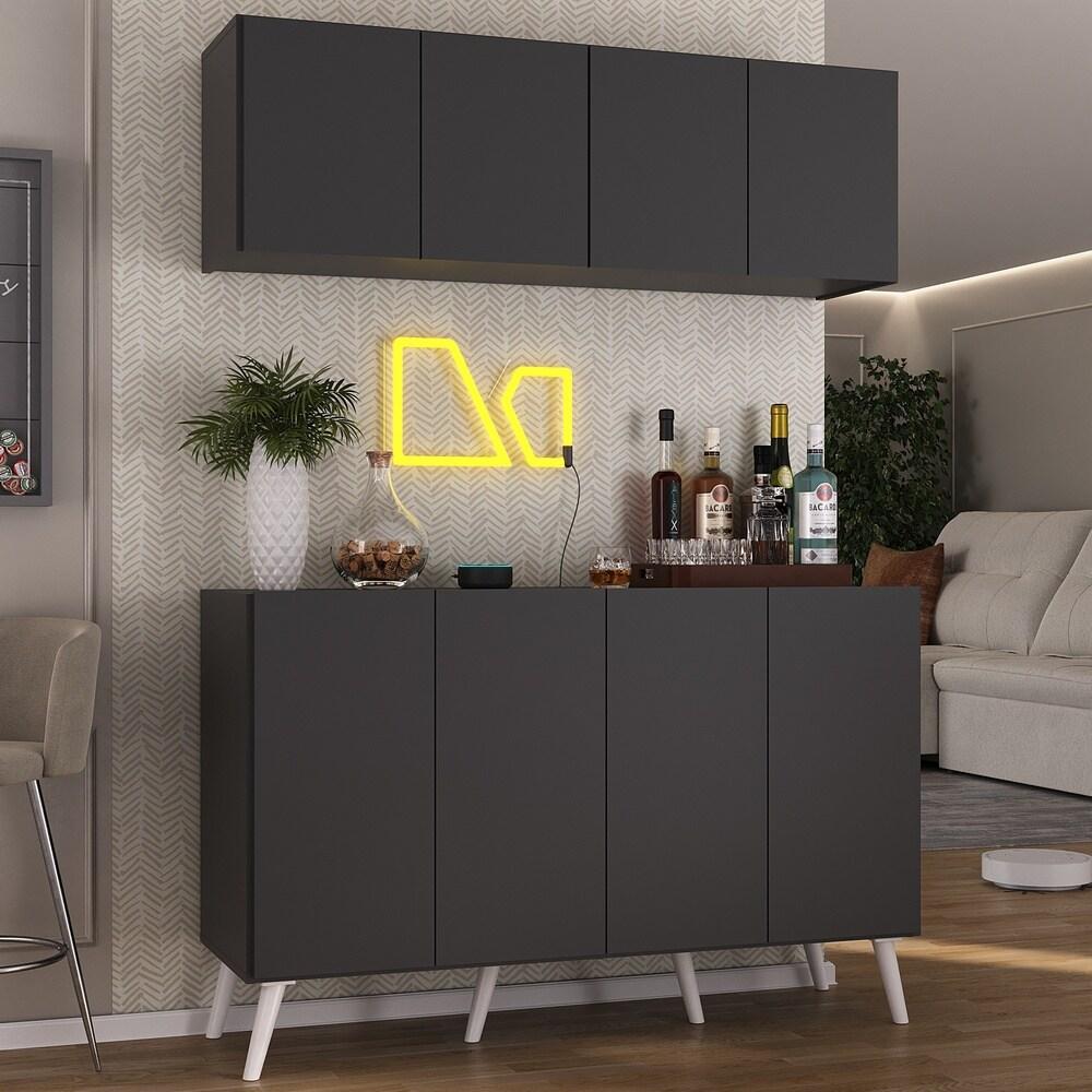 Kit Bar Armário Aéreo e Aparador 4 Portas Retrô Multimóveis MP1086 Preto/Branco