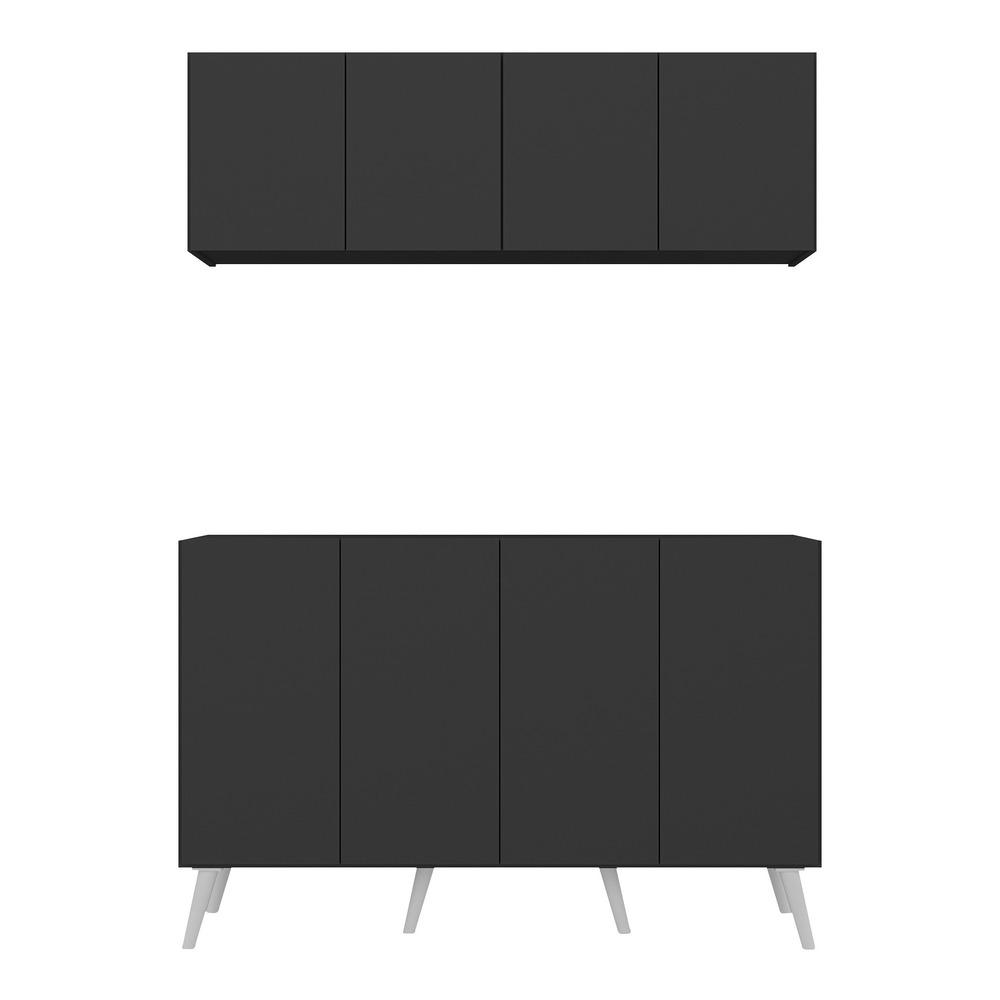 Kit Bar Armário Aéreo e Aparador 4 Portas Retrô Multimóveis MP1086 Preto/Branco