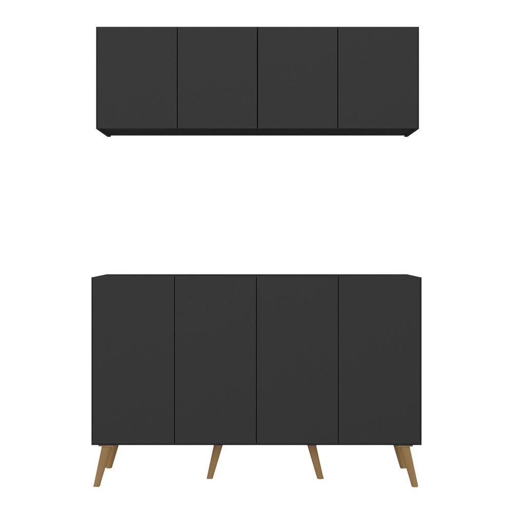 Kit Bar Armário Aéreo e Aparador 4 Portas Retrô Multimóveis MP1086 Preto/Natural
