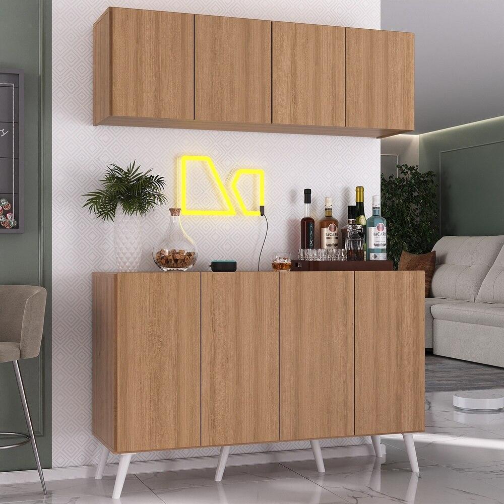 Kit Bar Armário Aéreo e Aparador 4 Portas Retrô Multimóveis MP1086 Rustic/Branco