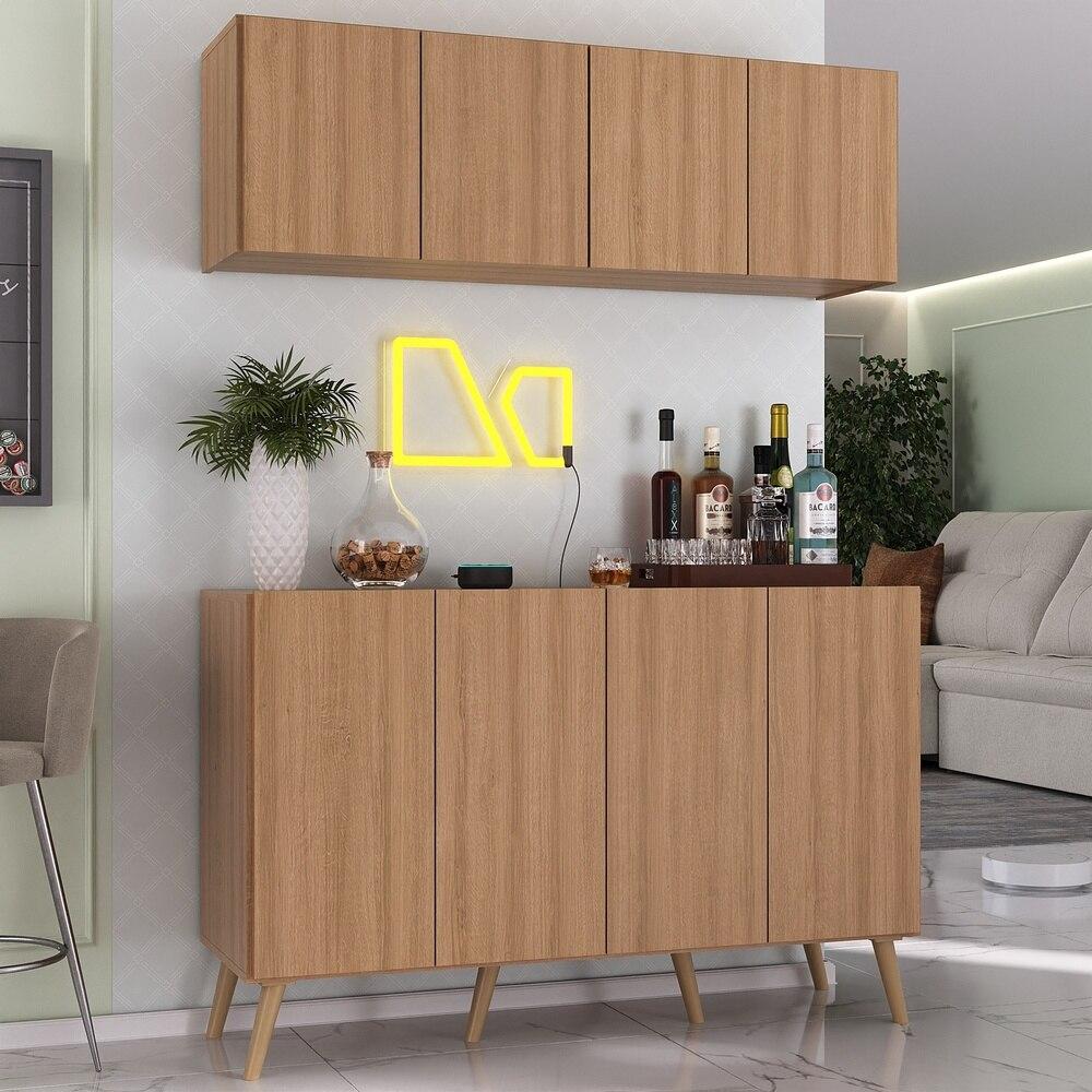 Kit Bar Armário Aéreo e Aparador 4 Portas Retrô Multimóveis MP1086 Rustic/Natural