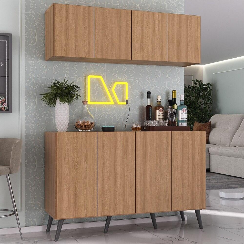 Kit Bar Armário Aéreo e Aparador 4 Portas Retrô Multimóveis MP1086 Rustic/Preto