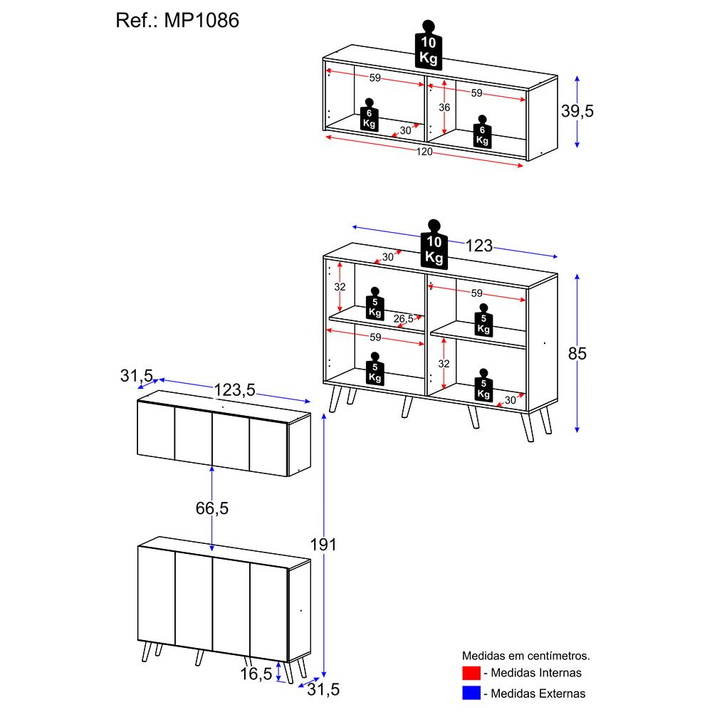 Kit Bar Armário Aéreo e Aparador 4 Portas Retrô Multimóveis MP1086 Rustic/Preto