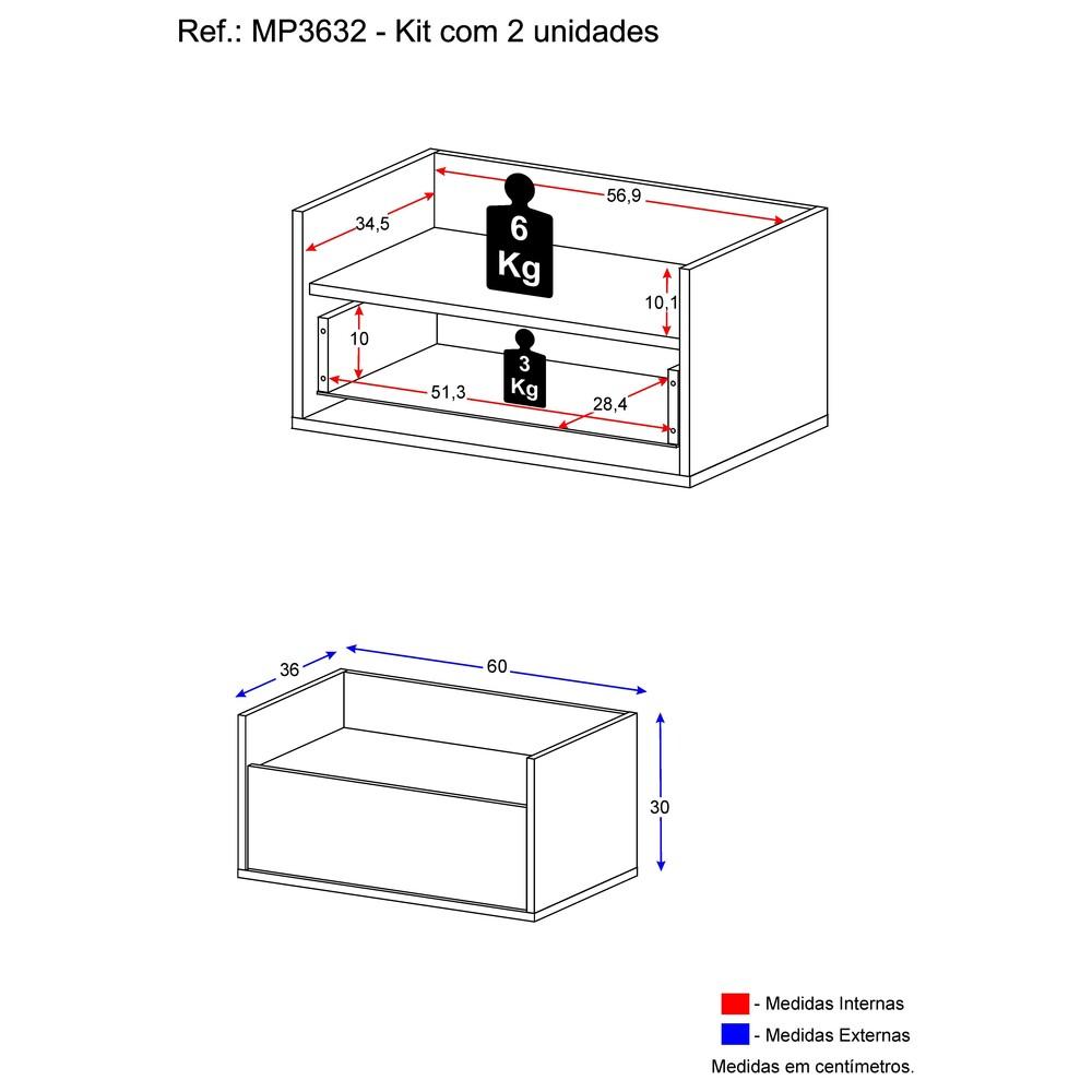 Kit c/ 2 Mesas de Cabeceira 60 cm Suspensa Multimóveis Preta