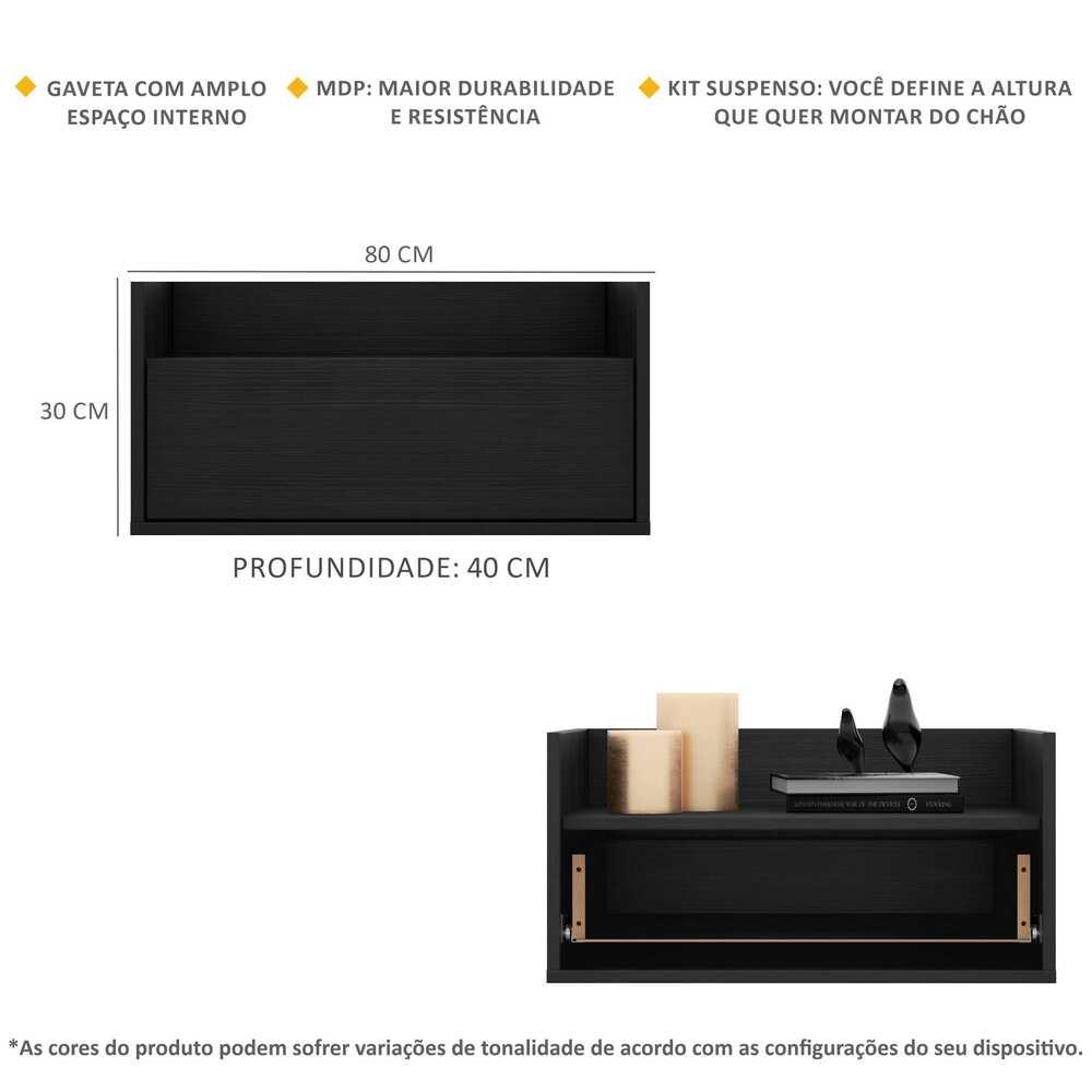 Kit c/ 2 Mesas de Cabeceira 80 cm Suspensa Multimóveis Preta