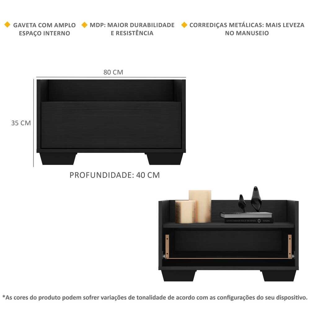 Kit c/ 2 Mesas de Cabeceira 80 cm c/ Pés Quadrados Multimóveis Preta