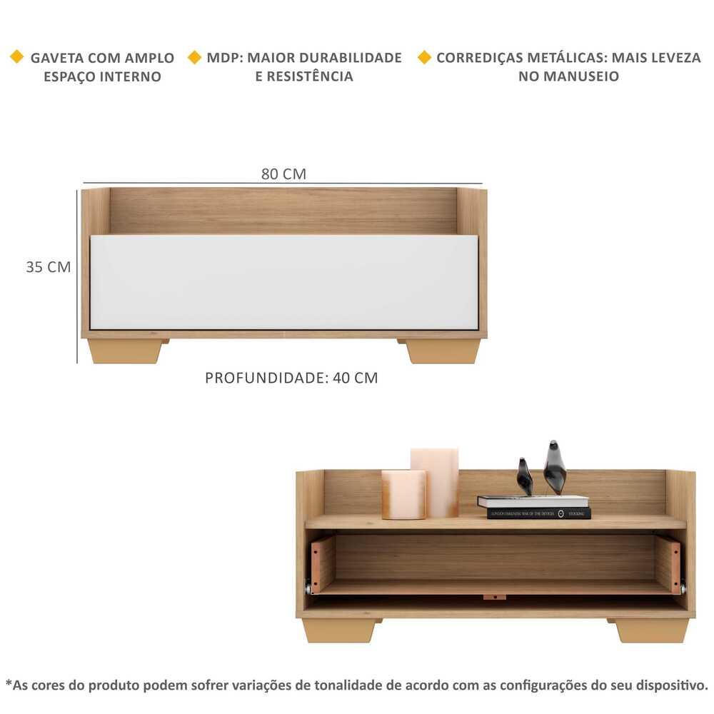 Kit c/ 2 Mesas de Cabeceira 80 cm c/ Pés Quadrados Multimóveis Rustic/Branco/Natural
