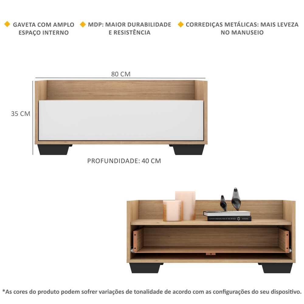 Kit c/ 2 Mesas de Cabeceira 80 cm c/ Pés Quadrados Multimóveis Rustic/Branco/Preto
