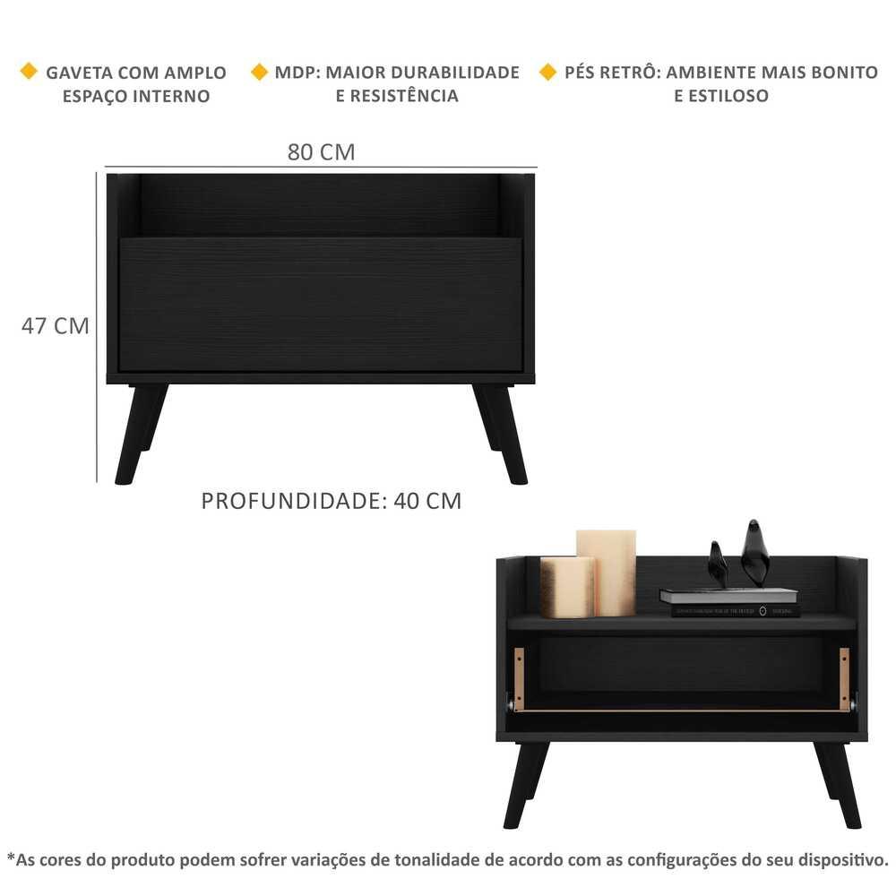 Kit c/ 2 Mesas de Cabeceira 80 cm c/ Pés Retrô Multimóveis Preta