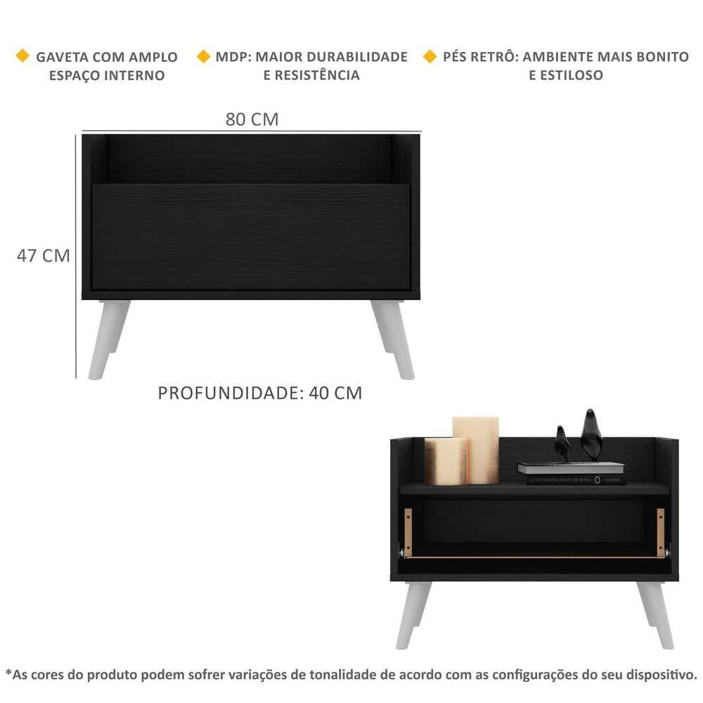 Kit c/ 2 Mesas de Cabeceira 80 cm c/ Pés Retrô Multimóveis Preta/Branca