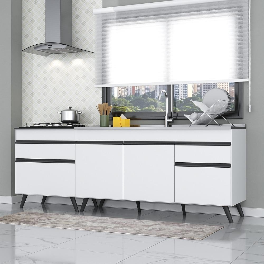 Kit com 2 Balcões de Cozinha 150cm e 70cm Veneza Multimóveis V2073 Branco/Preto