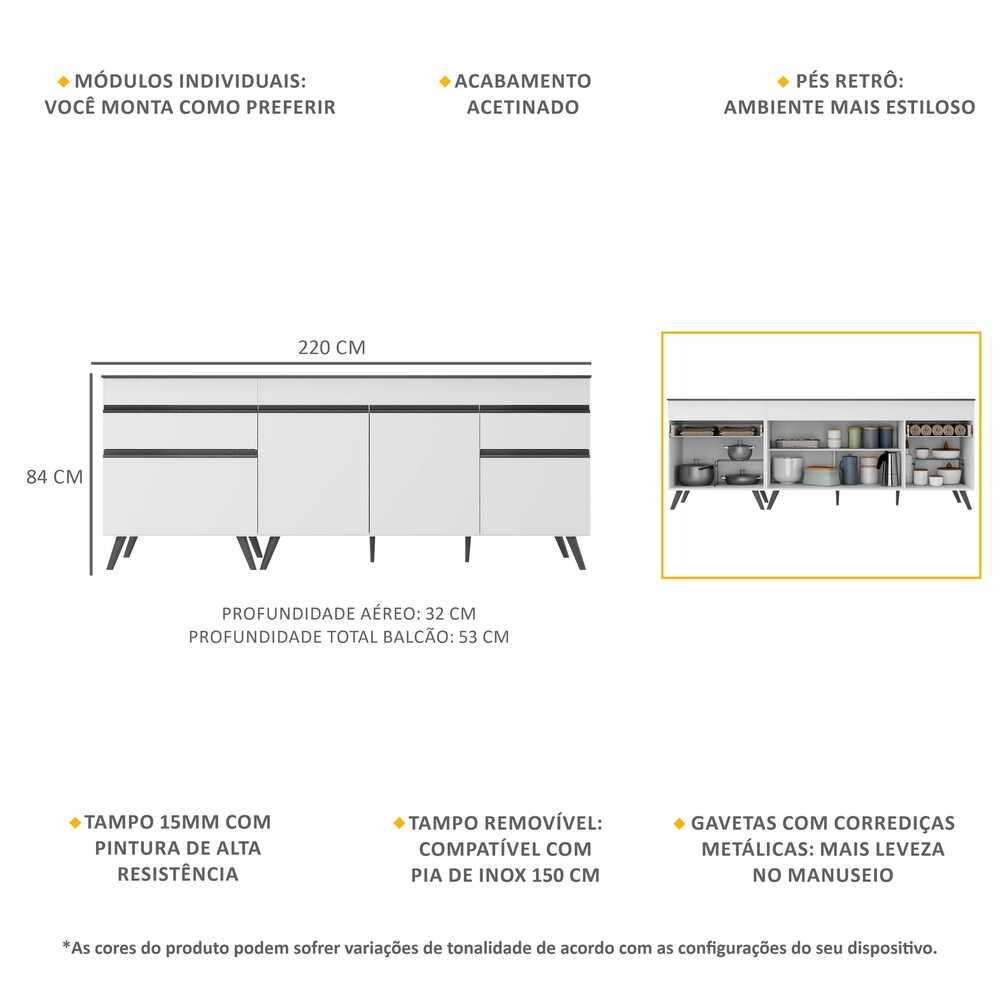 Kit com 2 Balcões de Cozinha 150cm e 70cm Veneza Multimóveis V2073 Branco/Preto