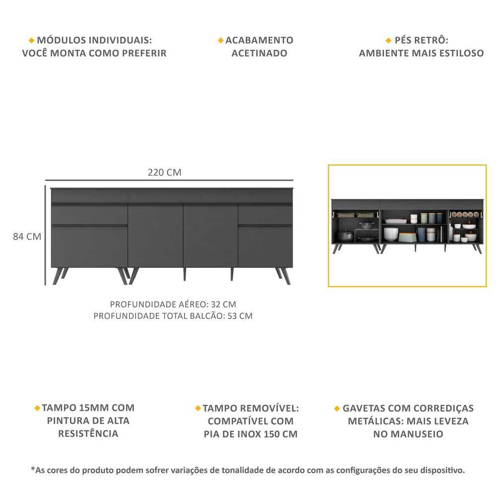 Kit com 2 Balcões de Cozinha 150cm e 70cm Veneza Multimóveis V2073 Preto
