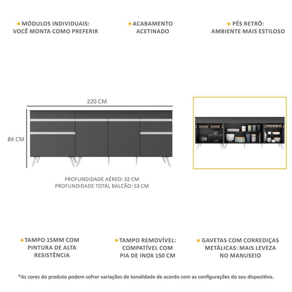 Kit com 2 Balcões de Cozinha 150cm e 70cm Veneza Multimóveis V2073 Preto/Branco