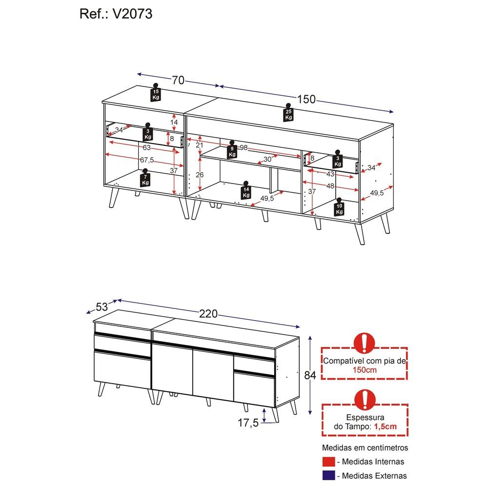 Kit com 2 Balcões de Cozinha 150cm e 70cm Veneza Multimóveis V2073 Preto/Branco