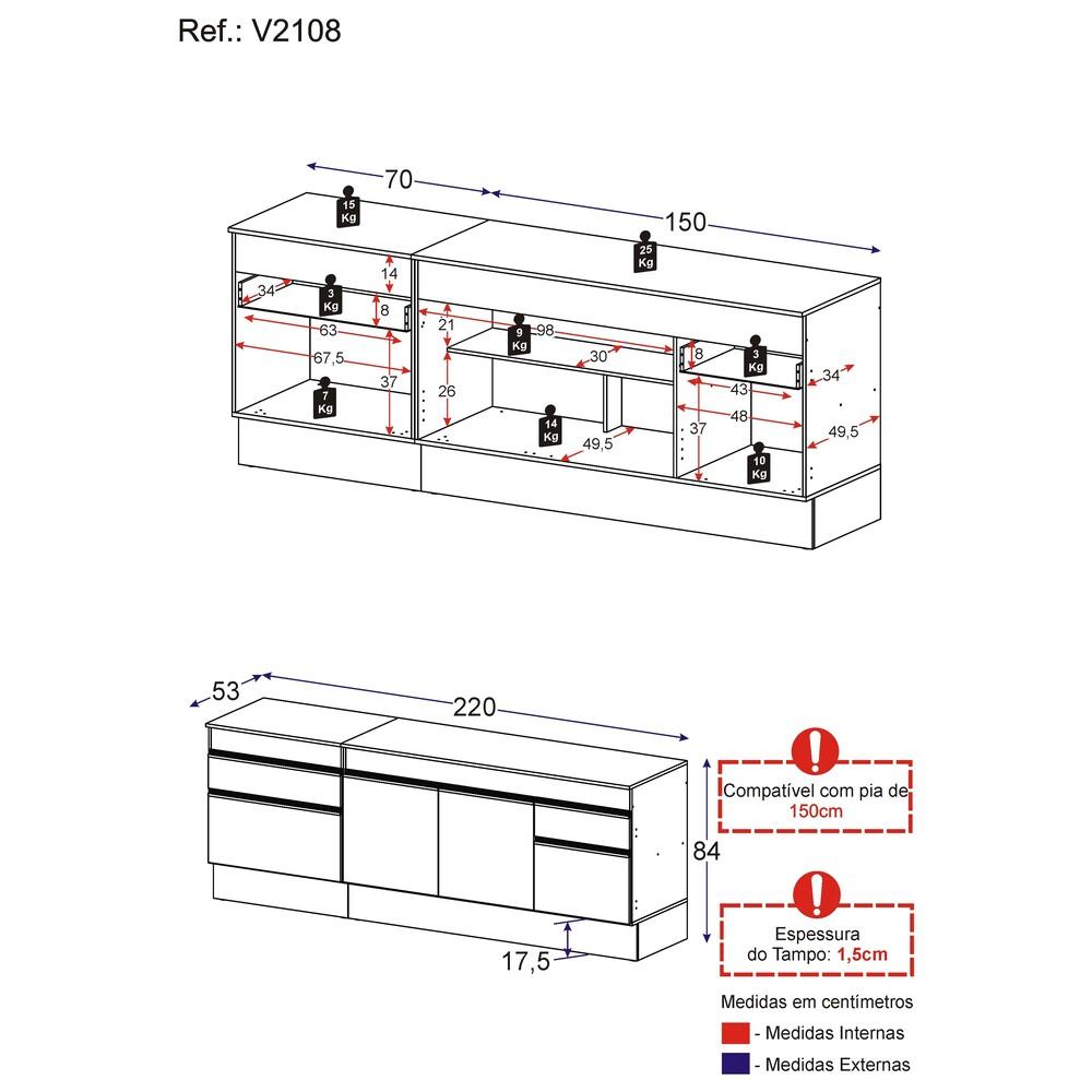 Kit com 2 Balcões de Cozinha 150cm e 70cm com Rodapé Veneza Multimóveis V2108 Preto