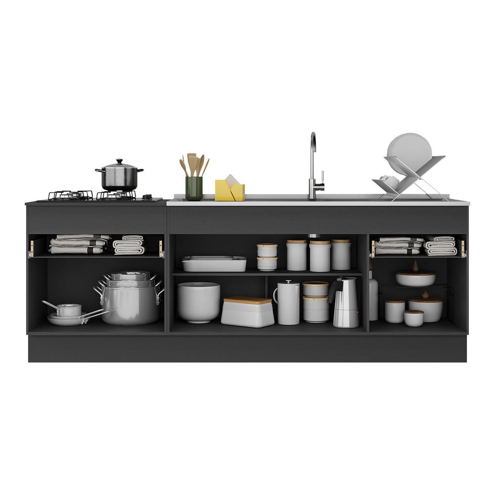 Kit com 2 Balcões de Cozinha 150cm e 70cm com Rodapé Veneza Multimóveis V2108 Preto